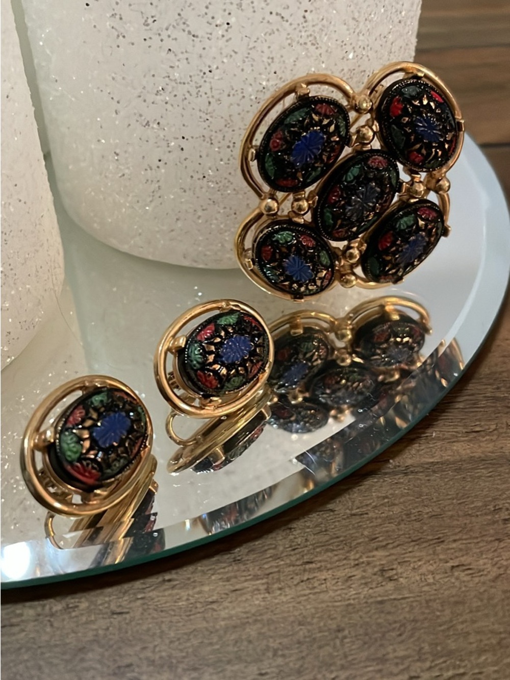 Gold-Tone Floral Mosaic Clip Earrings and Brooch Set